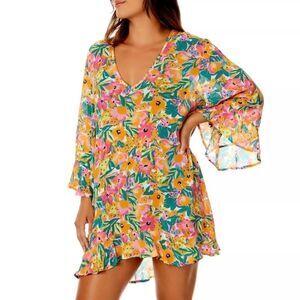 Anne Cole Women's Floral-Print Sunshine Flounce V-Neck Tunic Cover-Up Size M/L